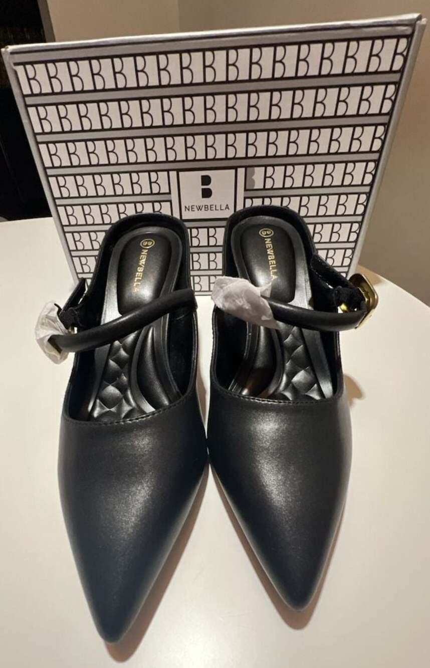 Newbella Black Kitten Heel Slingback Pump Shoes with Buckle. Size 8 W